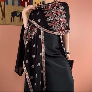 Sheer Open Kaftan with Red and Beige Embroidery